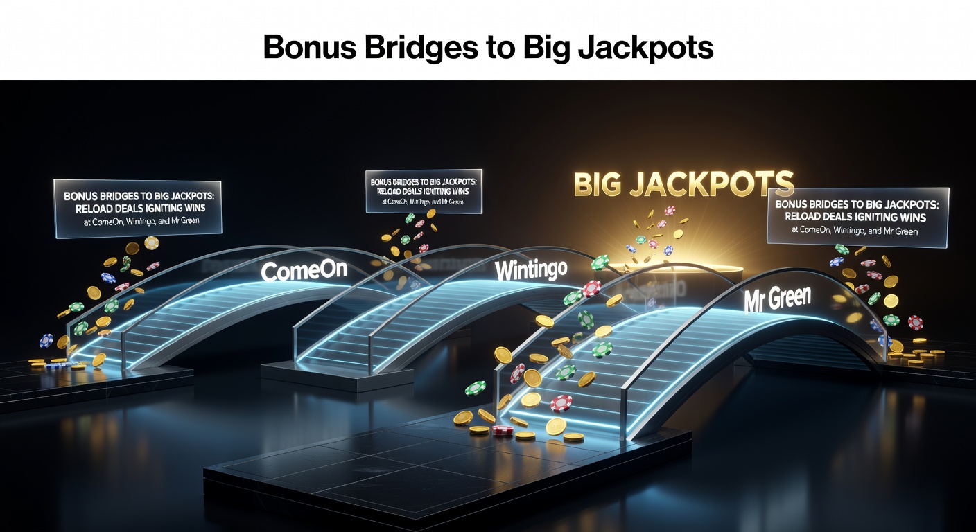 Schermafbeelding van een reload bonus promotie met jackpot symbolen bij online casino's, inclusief logo's van ComeOn, Wintingo en Mr Green