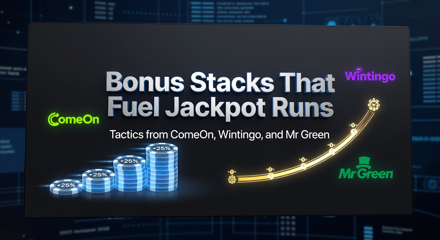 Grafische weergave van gestapelde bonussen die leiden naar een jackpotuitbetaling, met logo's van ComeOn, Wintingo en Mr Green