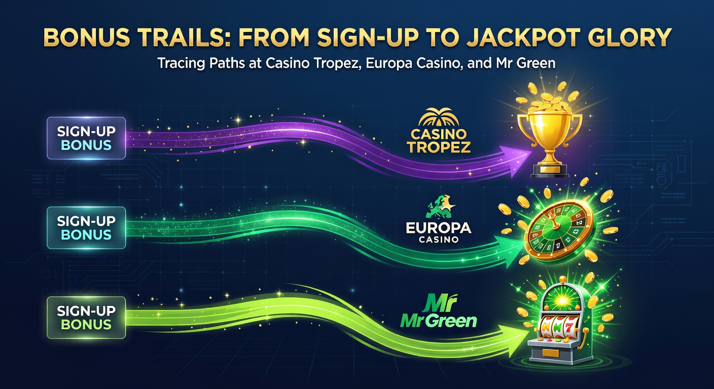 Speler die een bonuspad volgt naar een gloeiende jackpot bij een online casino, met symbolen van Casino Tropez, Europa Casino en Mr Green