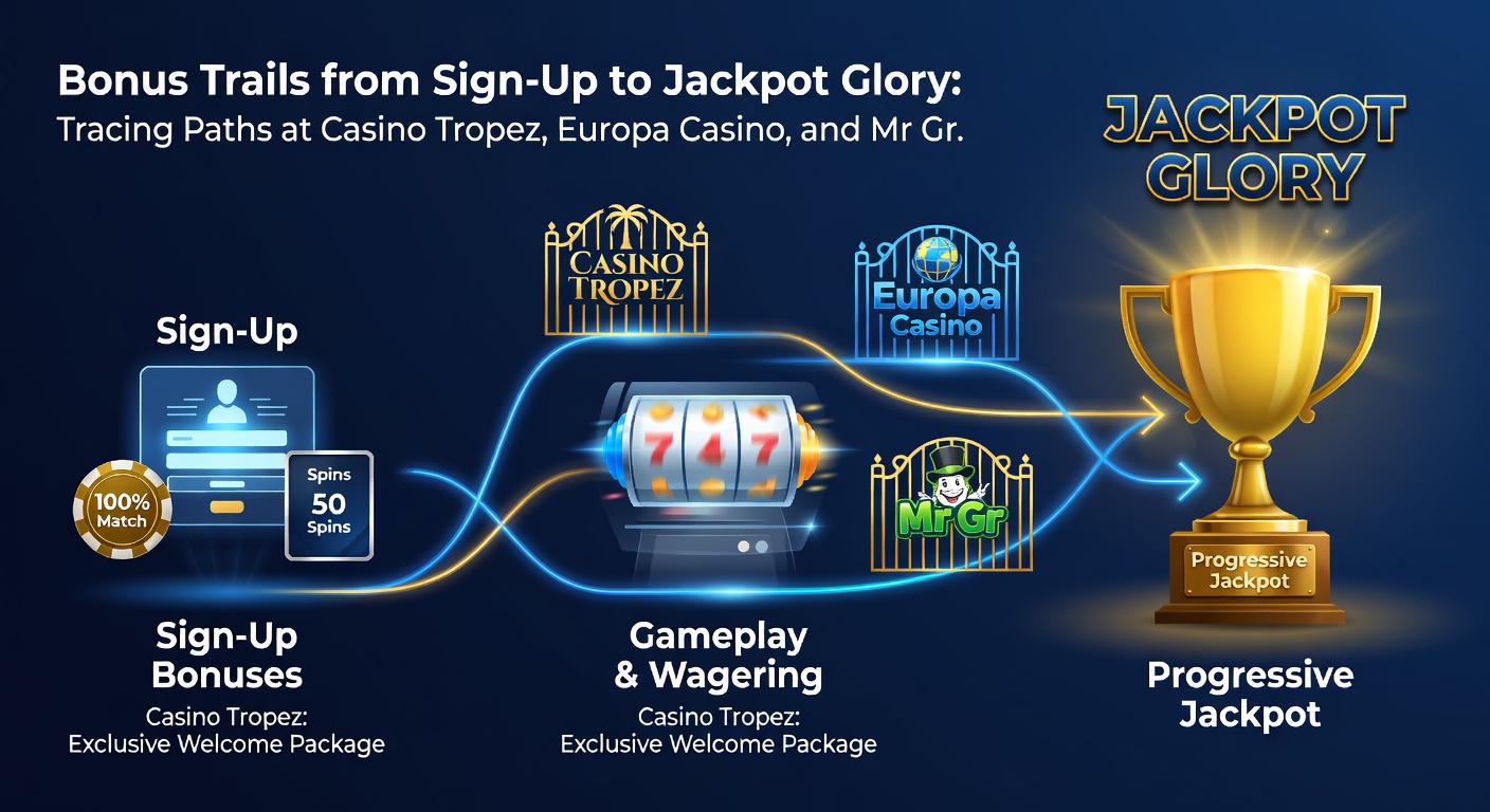 Overzicht van bonusroutes met pijlen van welkomstbonus naar jackpot bij Casino Tropez, Europa Casino en Mr Green, inclusief loyalty-treden