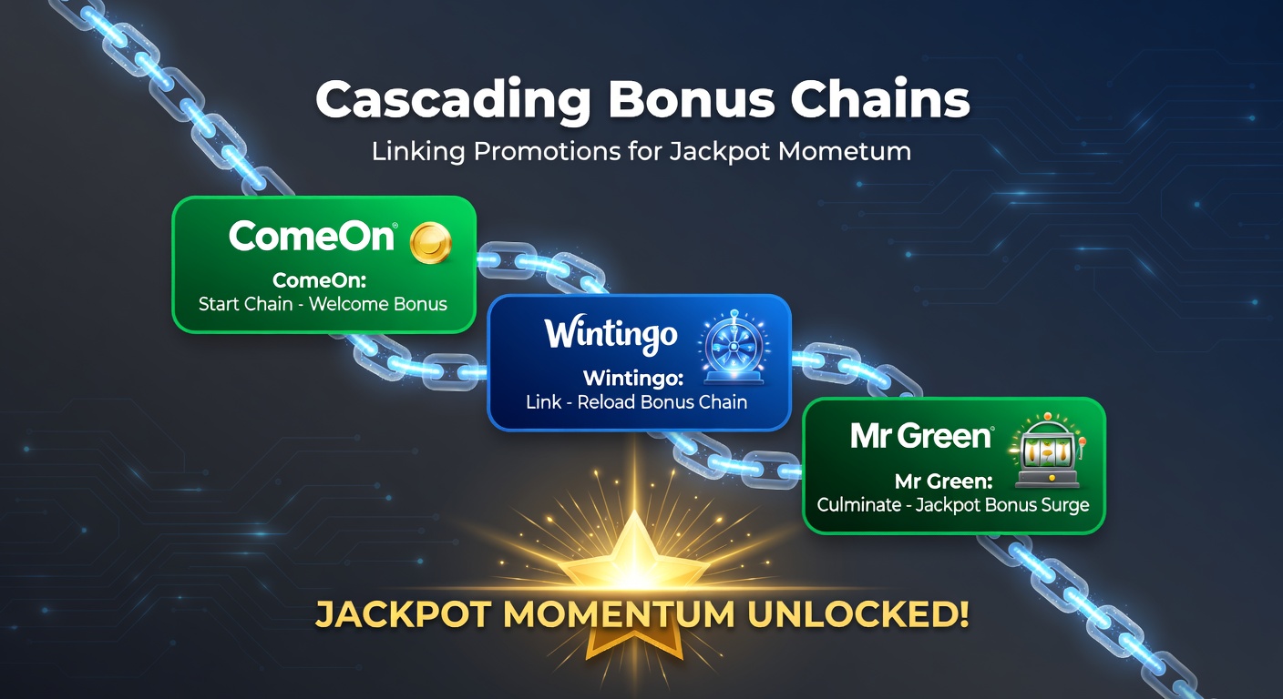 Voorbeeld van een bonusketen in actie, met iconen van free spins, reloads en jackpot-meters bij de genoemde casino's