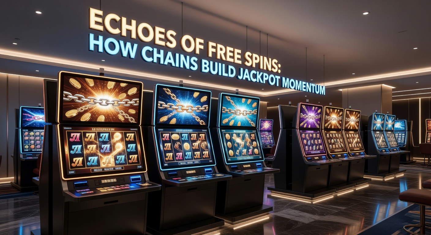 Speler aan een slotmachine met actieve free spin chain, jackpotmeter die oploopt in een bruisende casino-omgeving