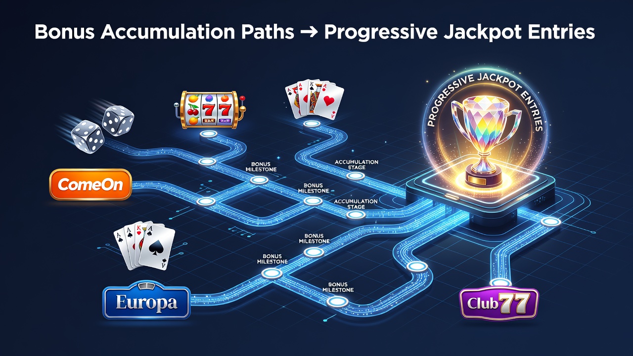 Illustratie van bonusaccumulatiepaden naar jackpots bij online casino platforms