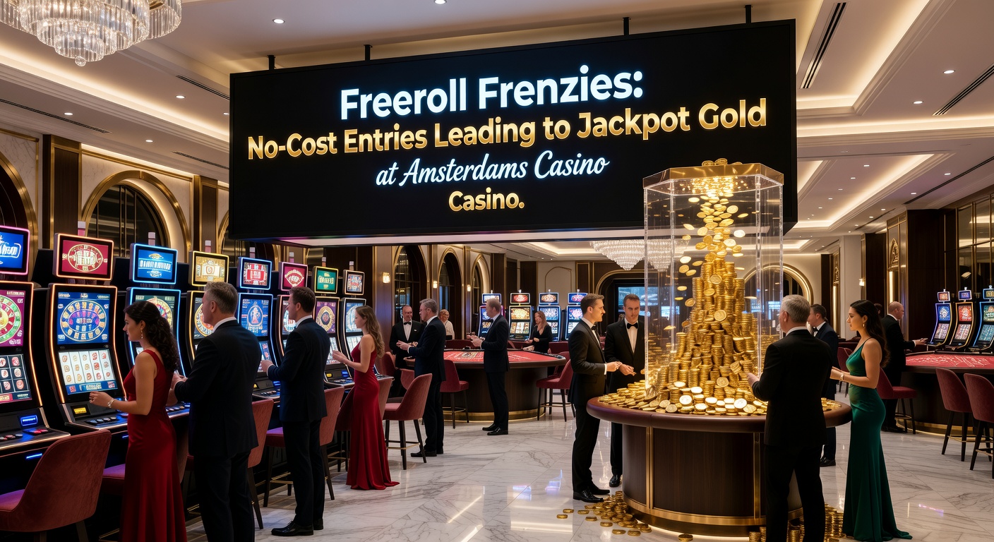 Drukke freeroll-sfeer met spelers aan poker tafels bij Amsterdams Casino, waar gratis entries leiden tot hoge inzetten