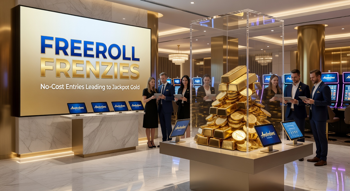 Winnaar viert jackpot na freeroll bij Amsterdams Casino, met trofee en geldstapel op de achtergrond