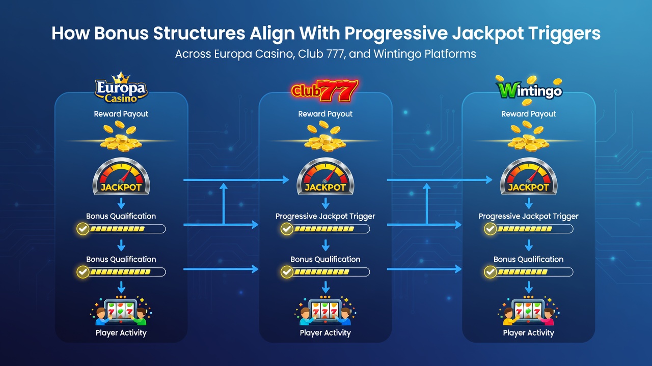 Overzicht van bonusstructuren en jackpot triggers op Europa Casino, Club 777 en Wintingo platforms