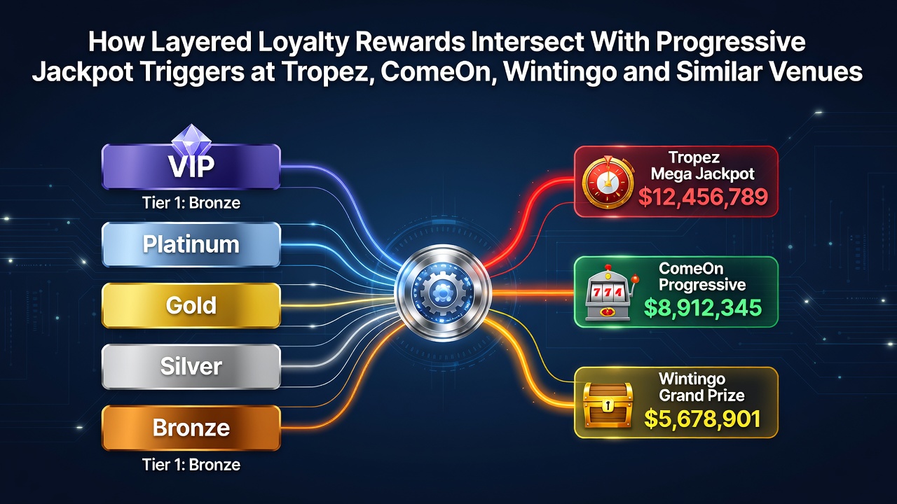 Illustratie van gelaagde loyaliteitsbeloningen die overlappen met jackpot triggers in online casino interfaces