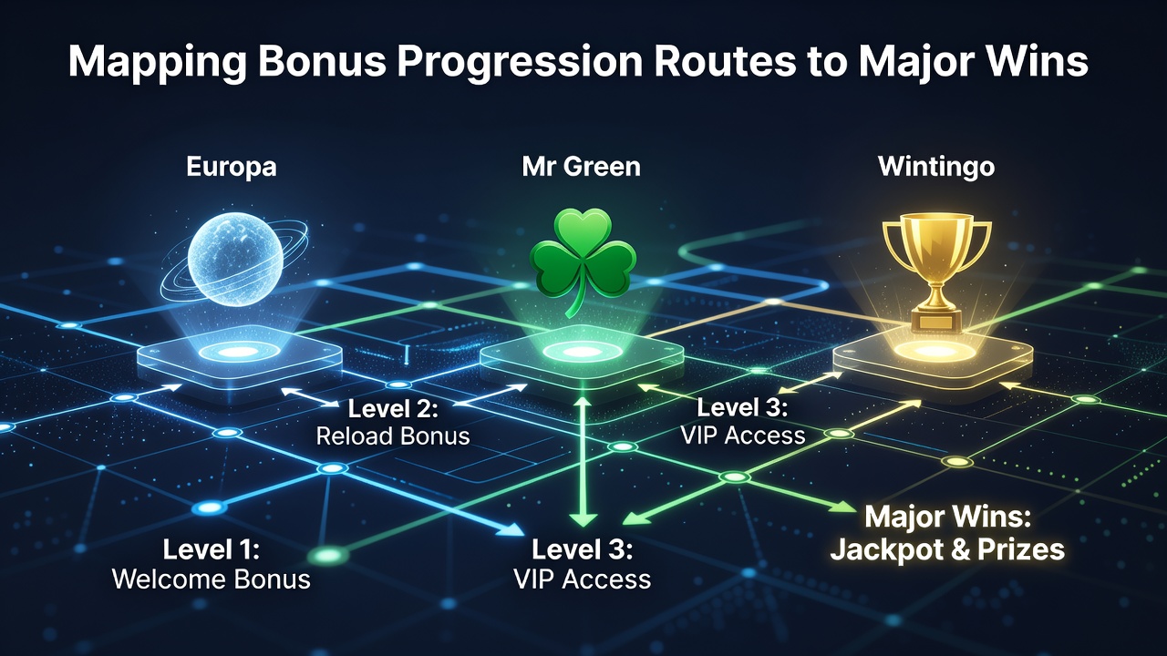 Visuele kaart van bonusprogressieroutes op casino platforms