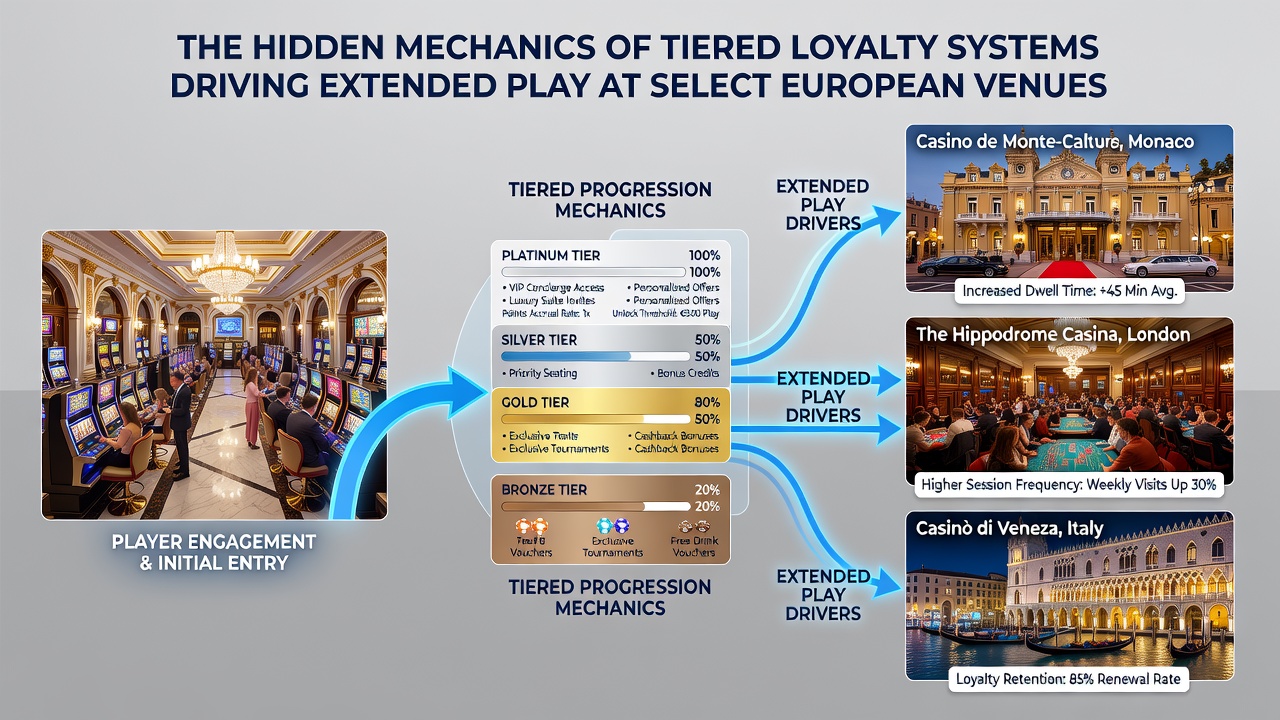 Gelaagde loyaliteitssystemen in Europese casino venues met visuele weergave van tier niveaus en beloningen