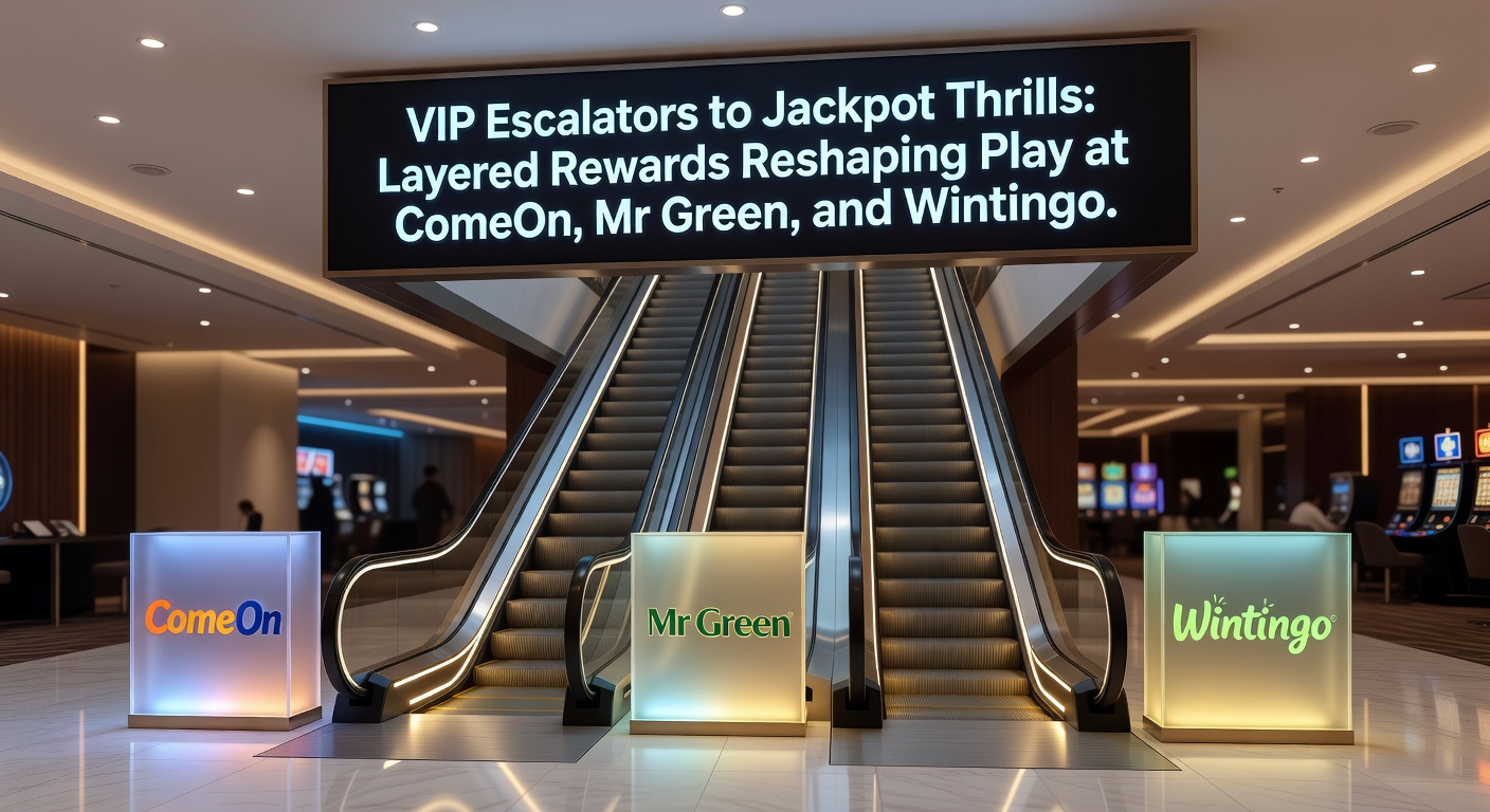 Grafische weergave van VIP-niveaus die escaleren naar jackpot-prijzen bij online casino's zoals ComeOn, Mr Green en Wintingo, met symbolen voor beloningen en progressieve trappen