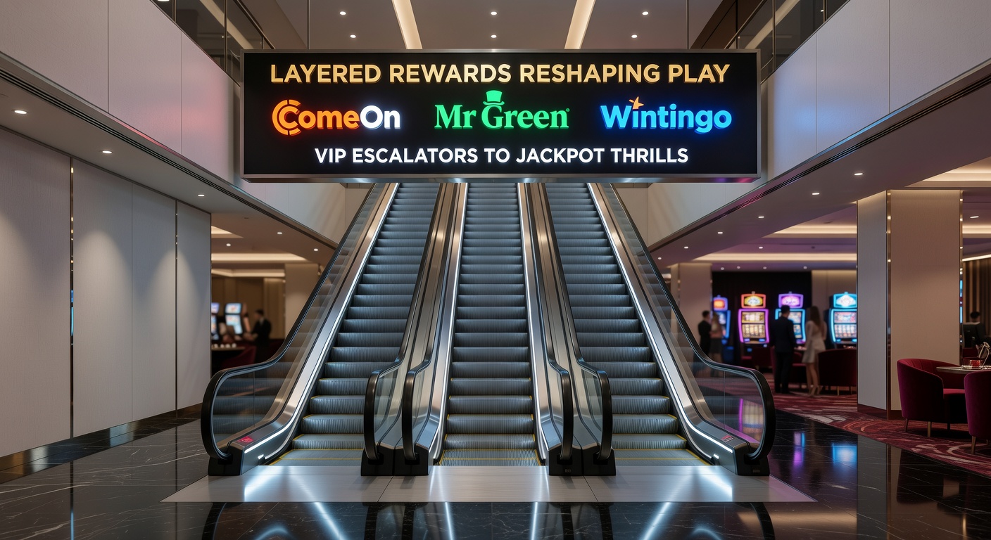 Visualisatie van gelaagde VIP-beloningen bij Mr Green en Wintingo, met iconen voor cashback, spins en jackpot-multipliers die escaleren over niveaus