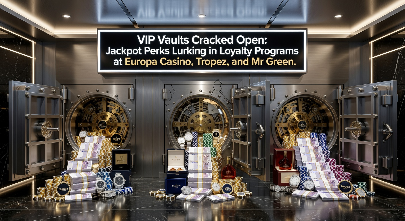 Afbeelding van een luxe VIP-kluis met jackpot-symbolen die opengaat bij online casino's zoals Europa, Tropez en Mr Green