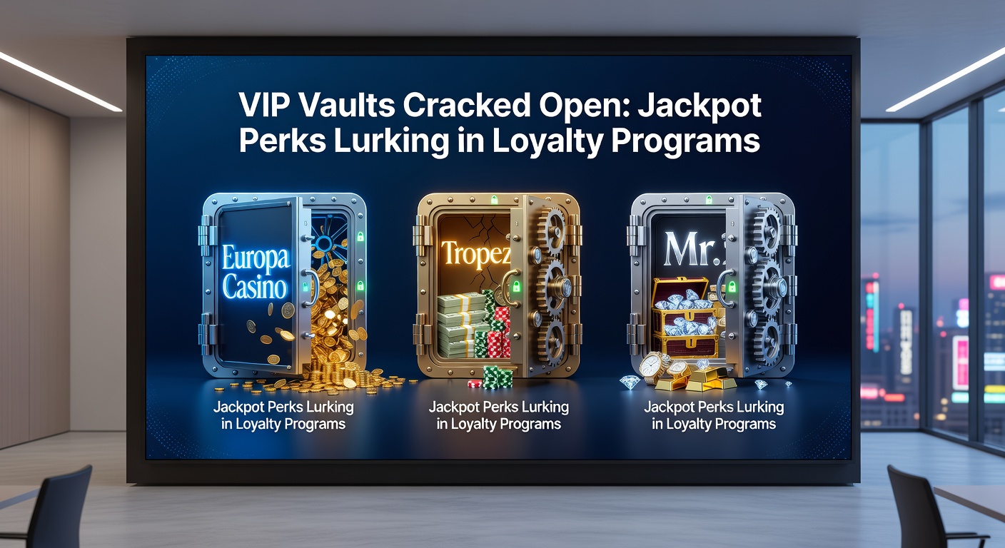 Illustratie van VIP-spelers die jackpot-perks claimen in loyalty levels bij Mr Green, Europa en Tropez, met goudmuntjes en slot-symbolen