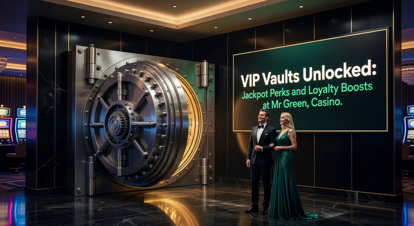 Afbeelding van een glinsterende VIP-kluis bij Mr Green Casino met jackpotprijzen en loyaliteitsbeloningen